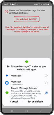 Defina o Tansee Message Transfer como seu aplicativo de SMS padrão